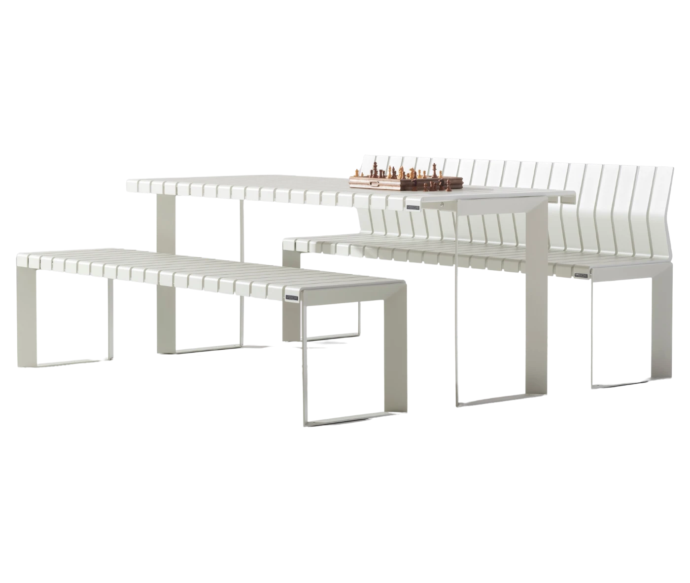 Urbantime Liberty.080 outdoor table and bench in front-left view with white slatted metal surfaces.