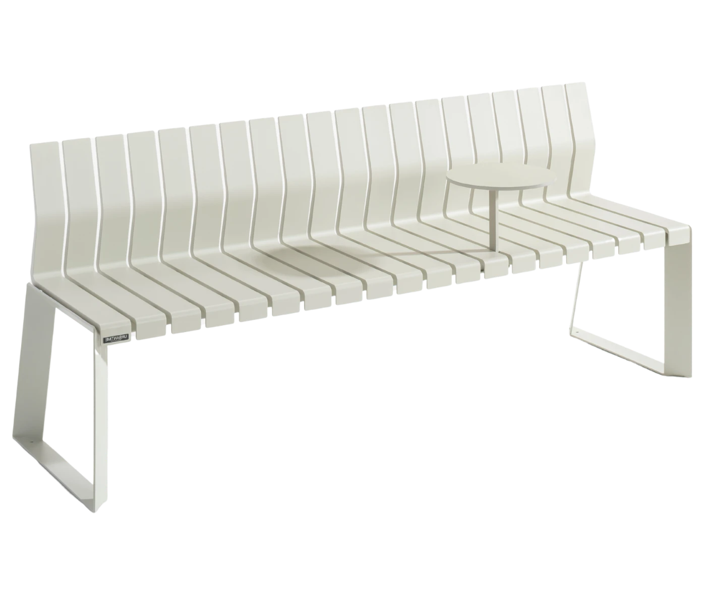 Urbantime Liberty.080 outdoor bench in front-right view, with integrated white round table.