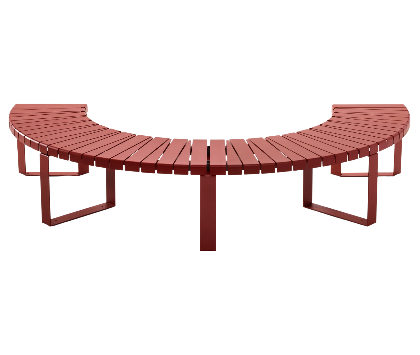 Urbantime Liberty.080 curved flat outdoor bench in front view, without backrest, in red finish.