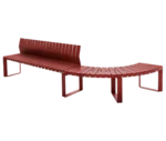 Urbantime Liberty.080 curved outdoor bench in front-left view, with backrest, in red finish.