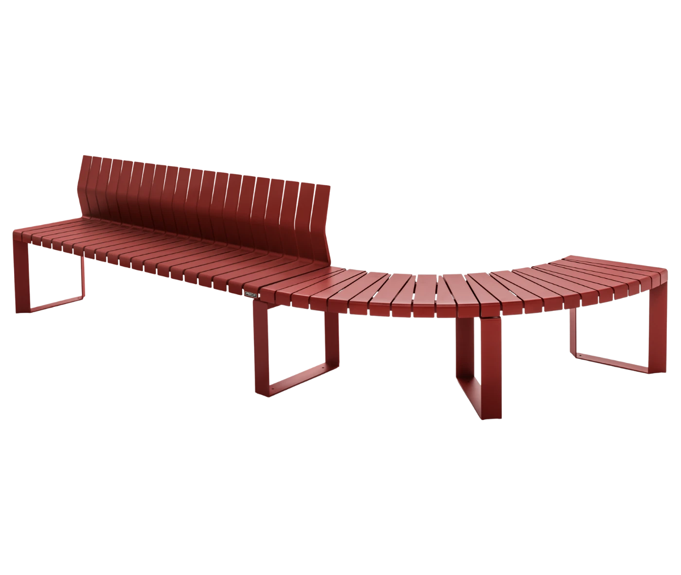 Urbantime Liberty.080 curved outdoor bench in front-left view, with backrest, in red finish.