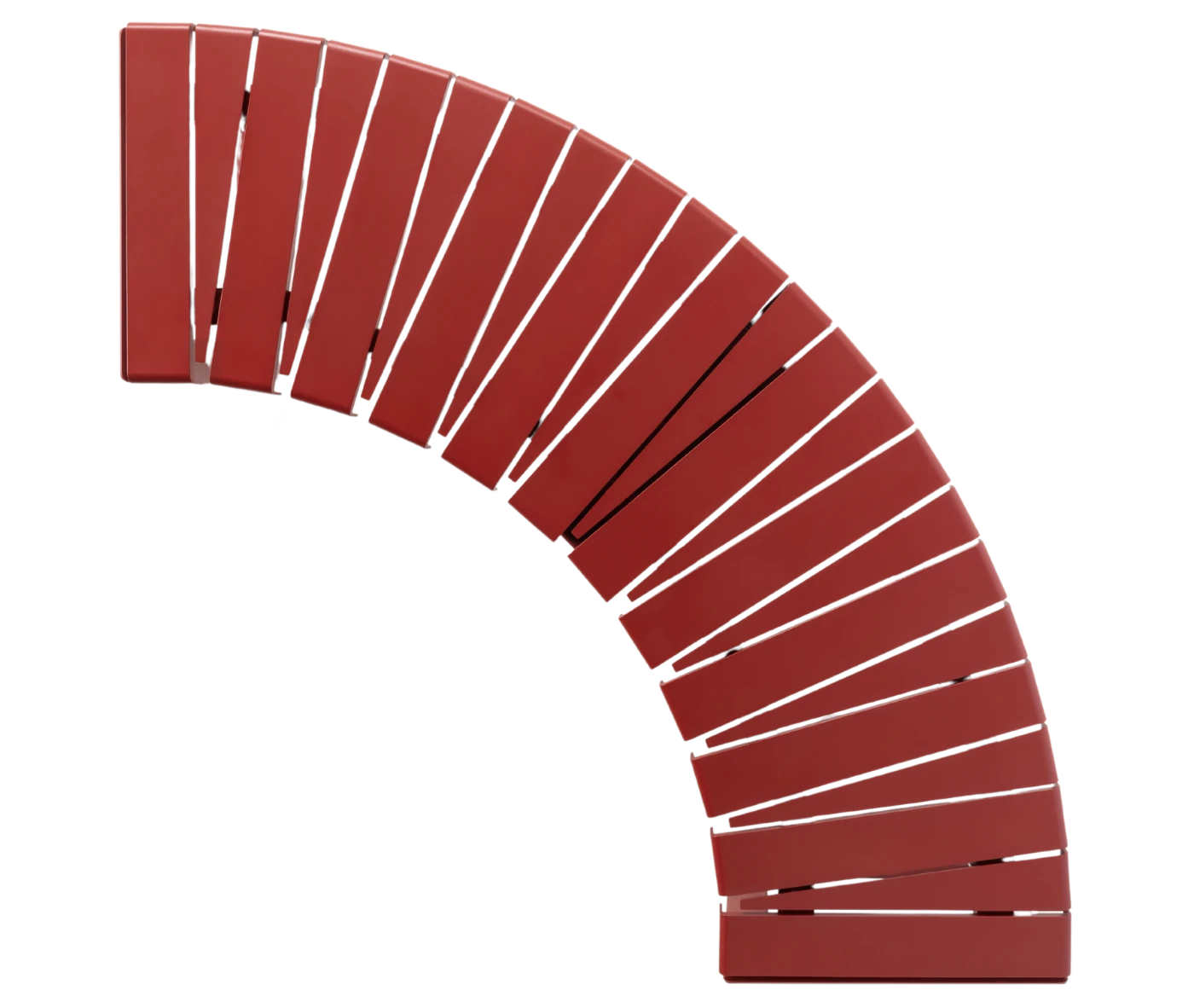 Top-view of Urbantime Liberty.080 curved outdoor bench, slatted seat in red finish.