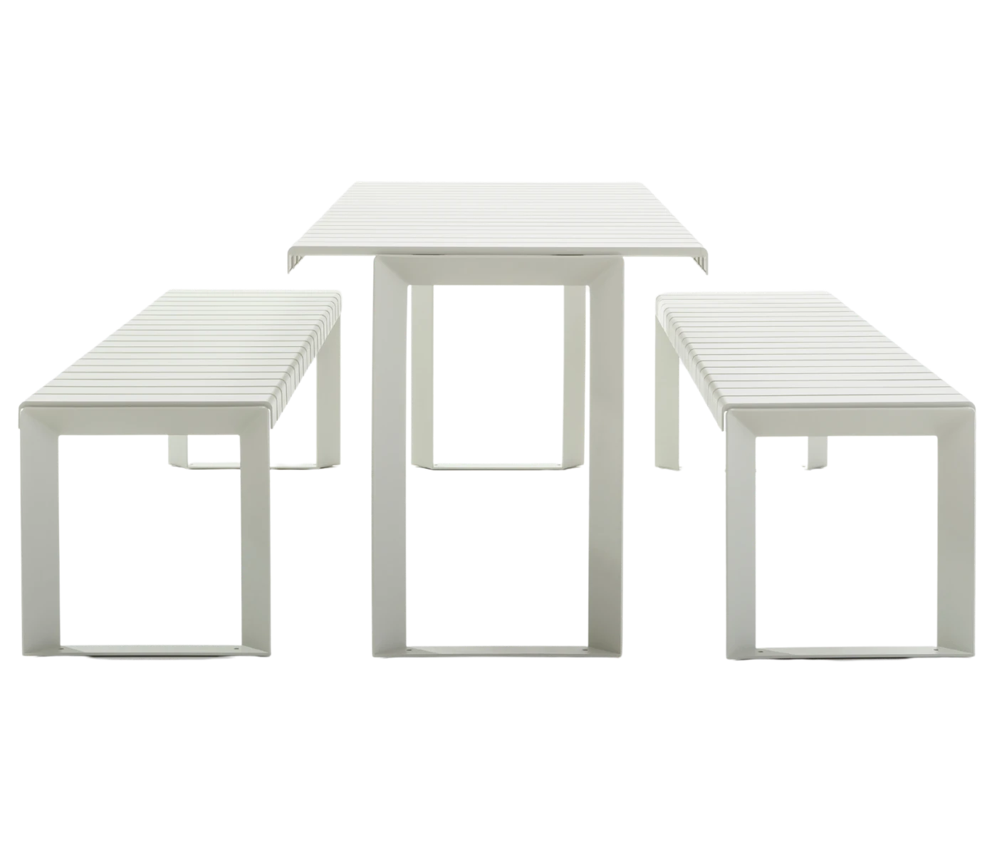 Urbantime Liberty.080 outdoor table and bench set in front view with white slatted metal seat.