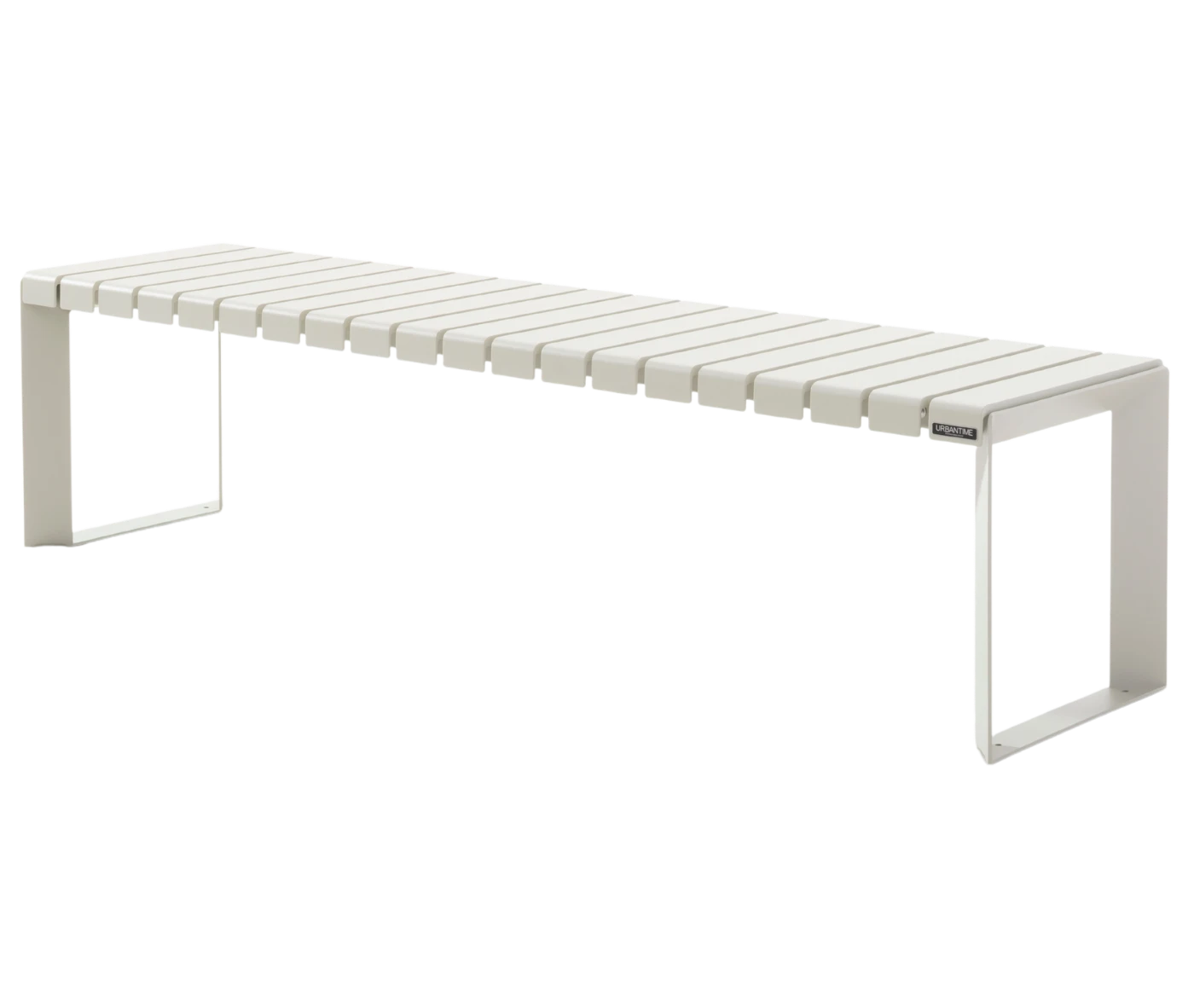 Urbantime Liberty.080 outdoor bench in front-left view with white slatted metal seat.
